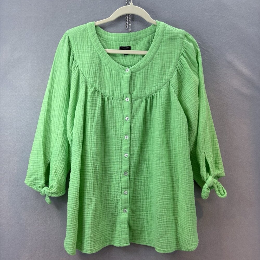 TALBOTS Airy Gauze Tie Sleeve Top - Bright Lime Plus SZ 1X‎ Lightweight, Casual